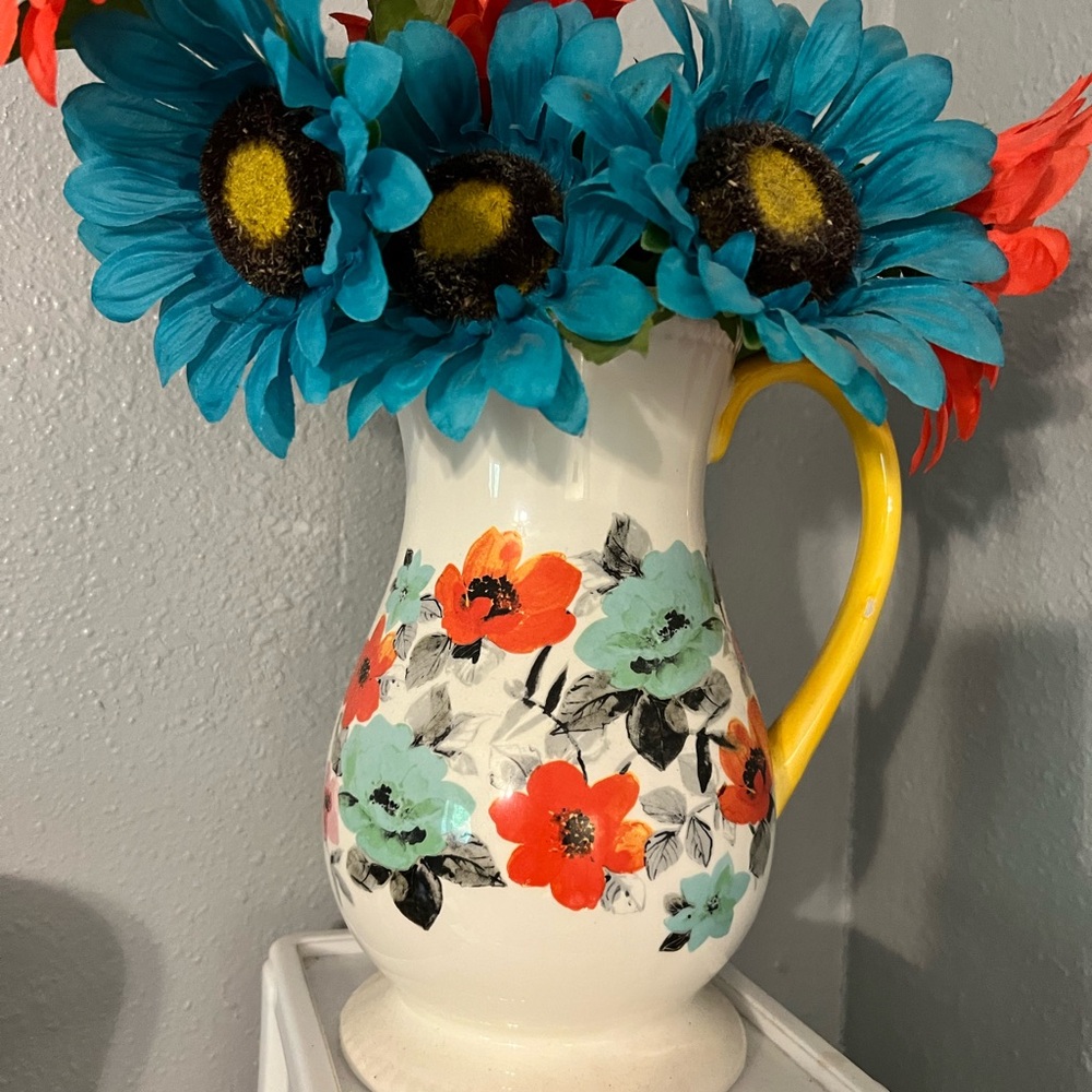 Pioneer Woman Floral Ceramic Vase with Blue and Orange Accents